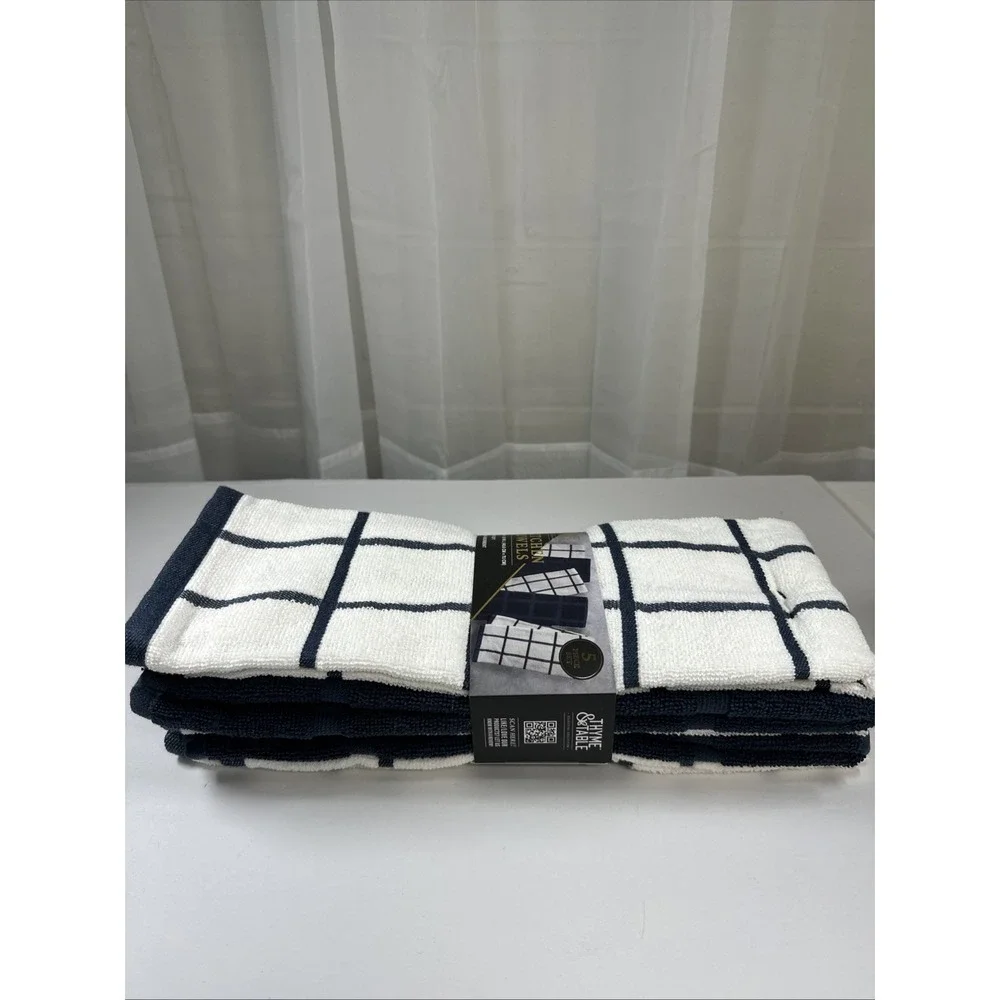 Thyme/Table Kitchen Towels Set 5 pcs Navy/White Super Soft Ultra Absorbent New